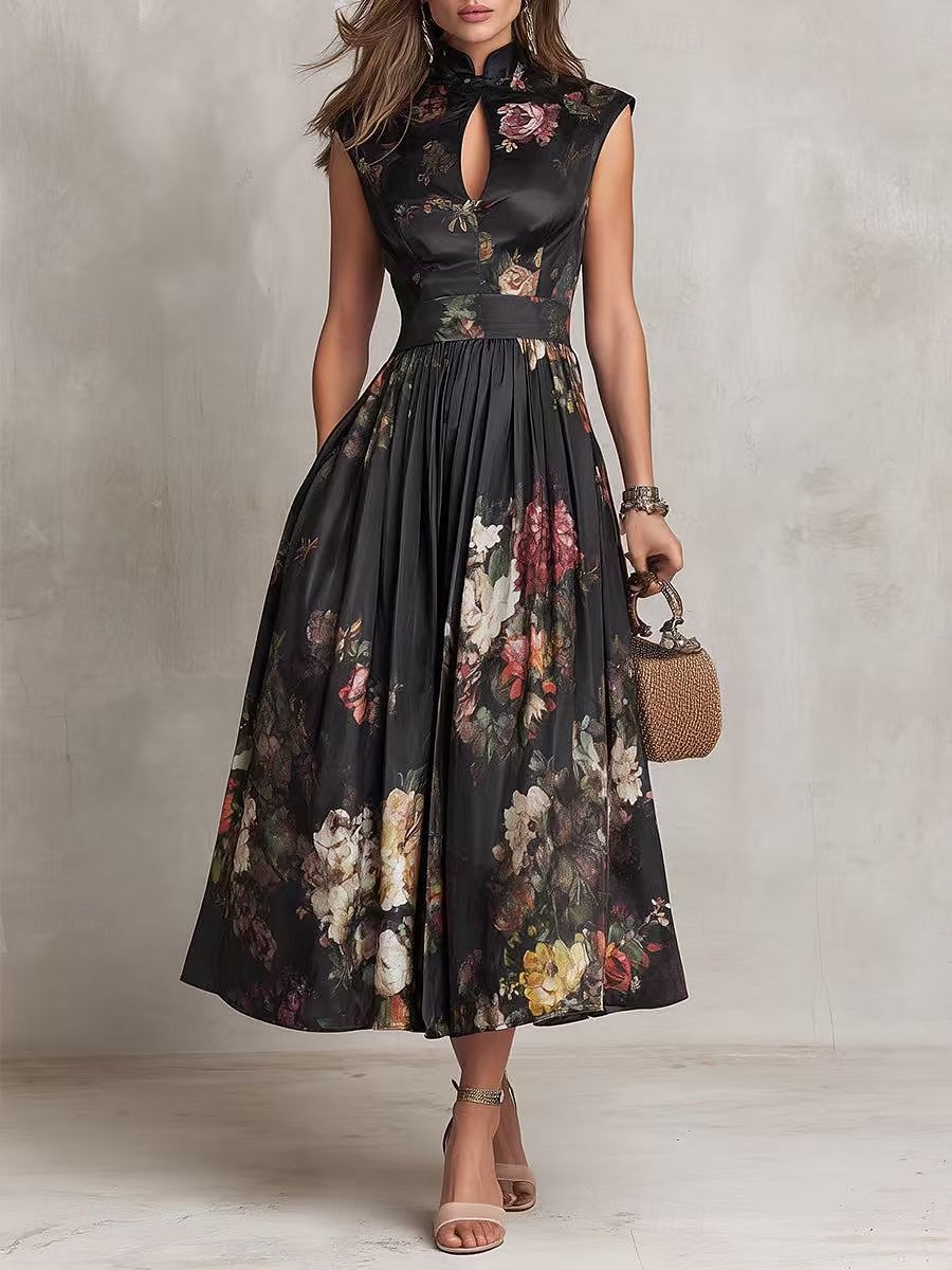 Per donna Abito Midi Abito in Raso Elegante Quotidiano Vacanza Weekend Vestibilità regolare Floreale Senza Maniche Colletto a Camicia Nero Estate del 2026 a E£2483.66 –P1