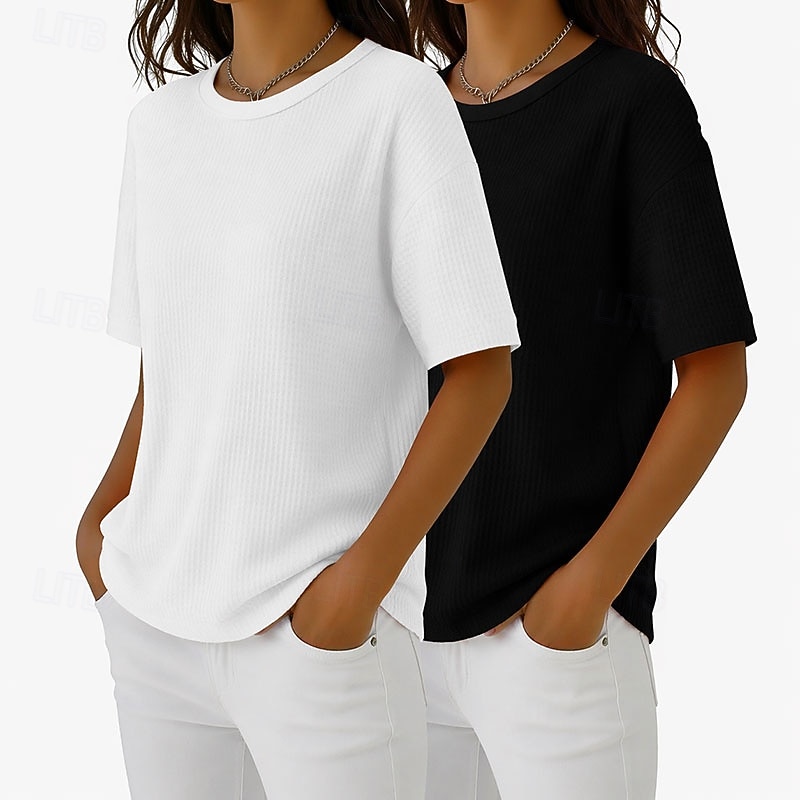 Набор из 2 женских футболок с вафельной текстурой, вафельный трикотаж, однотонные, стильные, базовые, классические, с коротким рукавом, круглым вырезом, стандартного кроя, повседневные, пляжные, розовые+оранжевые. 2026 - $41.99 –P7