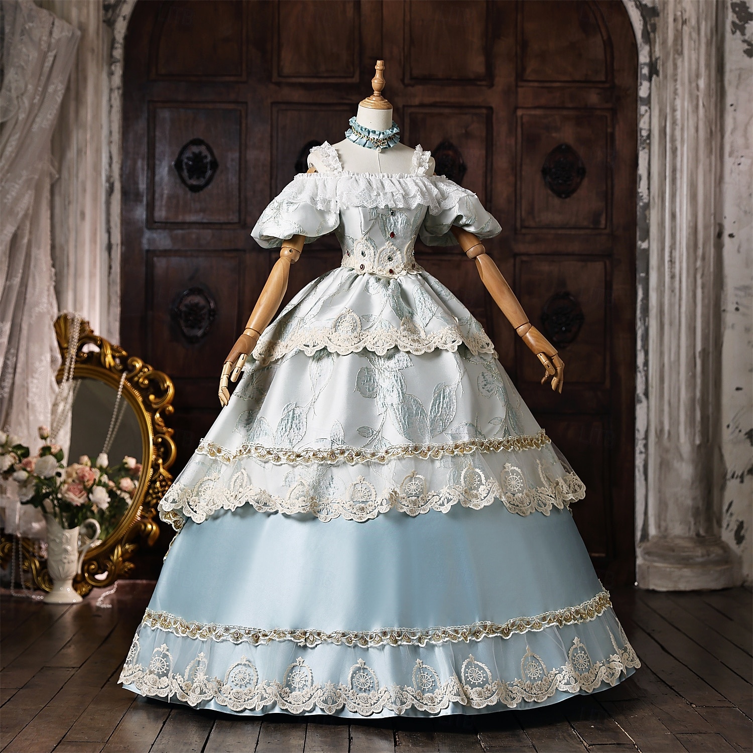 Rococo Baroque Ball Gown Floor Length Ball Gown Choker Short Sleeves Princess Bridal Royal Attire Off the Shoulder Ball Gown Square Neck Fancy Dress Women's Royal Halloween Carnival Masquerade Prom 2026 - $247.39 –P2
