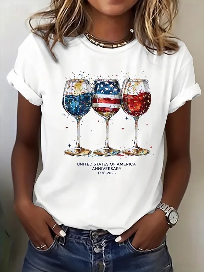 día de la independencia americana Mujer Camiseta Estampado Graphic Bandera Copa de vino Elegante Clásico Casual Manga Corta Cuello Barco Tops regulares Diario Azul Piscina Blanco Amarillo Rojo Negro 2026 - $7.99 –P3