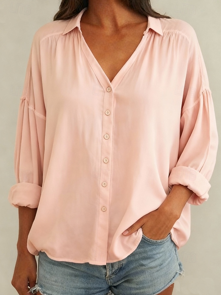 Per donna Blusa Finto cotone e lino Bottoni Tinta unica Essenziale Casual Manica Lunga Scollo a V Top Regolari Quotidiano Blu Bianco Rosa Verde Estate Primavera Autunno del 2026 a $25.99 –P4