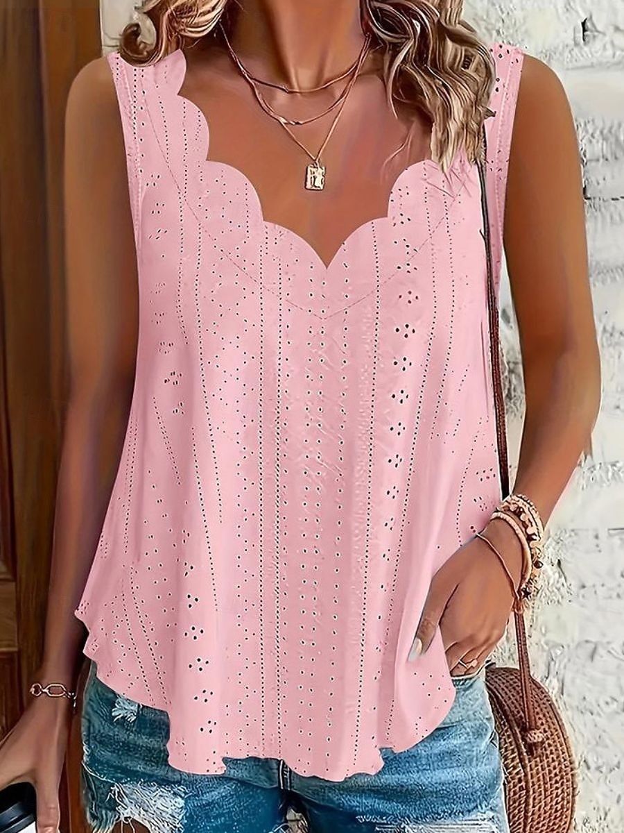 Women's Texture Blouse Eyelet Top Pointelle Tee Blouse Hollow Out Plain Casual Sleeveless V Neck Regular Tops Casual Daily Beach Blue Black White Yellow Pink Summer Spring 2026 - $24.99 –P8