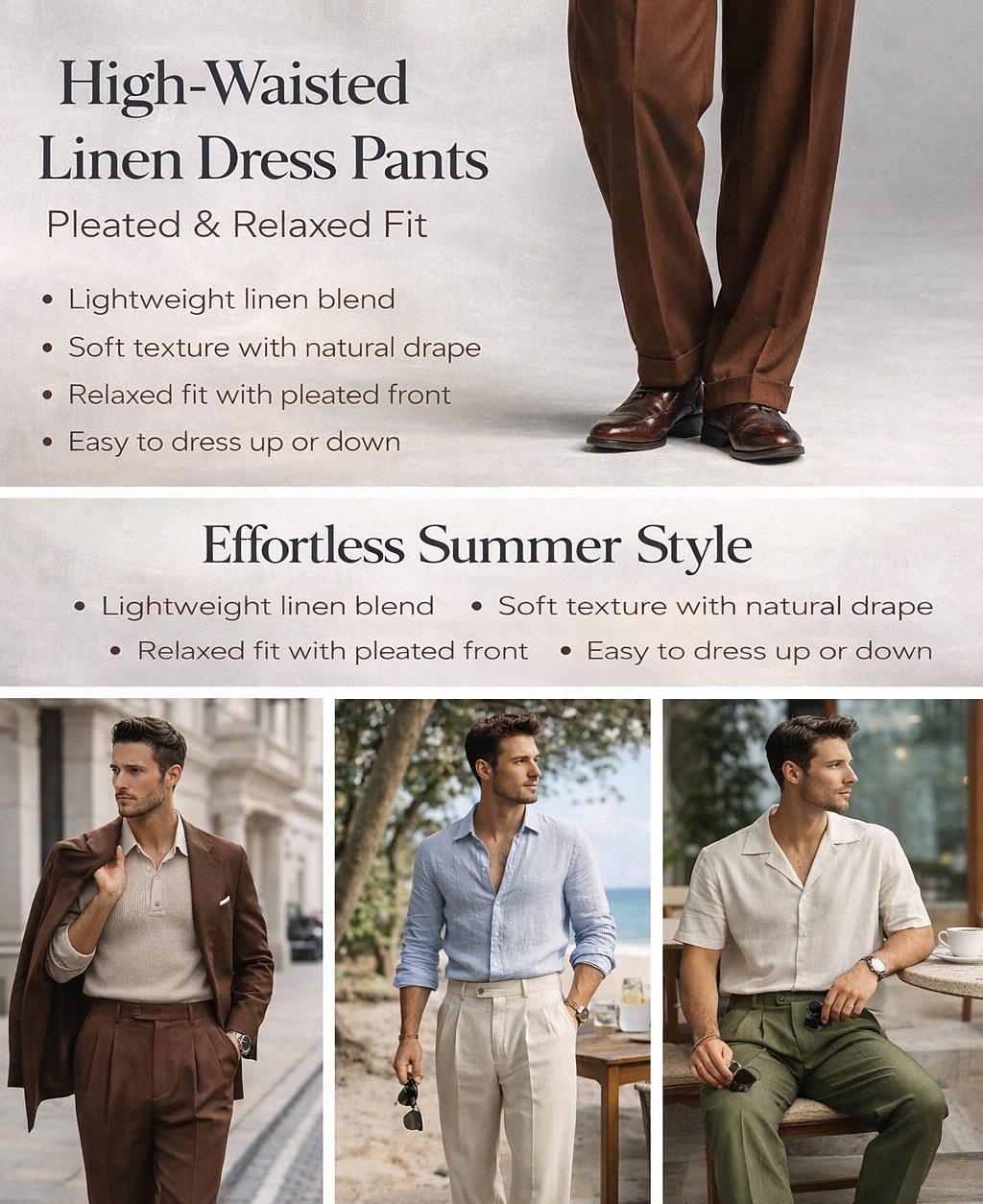Pantaloni eleganti da uomo in lino, plissettati, vestibilità comoda – pantaloni estivi leggeri e casual, gamba larga e dritta, disponibili in marrone, blu navy e beige. del 2026 a $39.99 –P1