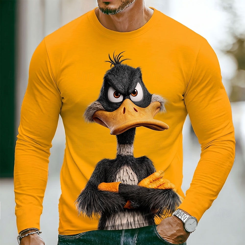 Herren-T-Shirt mit einfarbigem Entenmotiv, langärmelig, 3D-Druck, Rundhalsausschnitt, lustig, lässig, für Alltag und Freizeit, in Blau, Schwarz und Gelb, Frühling/Herbst, Größen: S, M, L, XL, 2XL, 3XL 2026 - $19.99 –P1