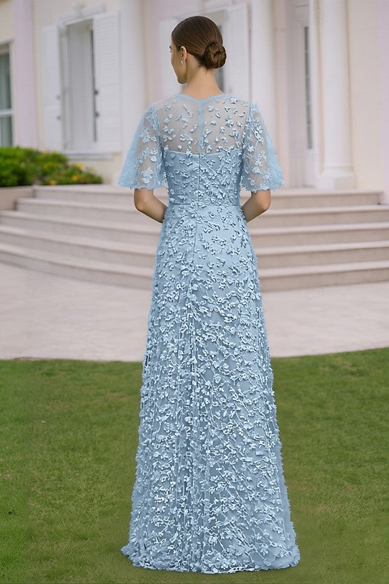 A-Line Dress Floor Length Wedding Guest Dress Formal Dresses Evening Gown Mother of the Bride Dress Short Sleeve Crew Neck Elegant Simple Embellished Formal Lace with 3D Flowers 2026 - $194.99 –P3