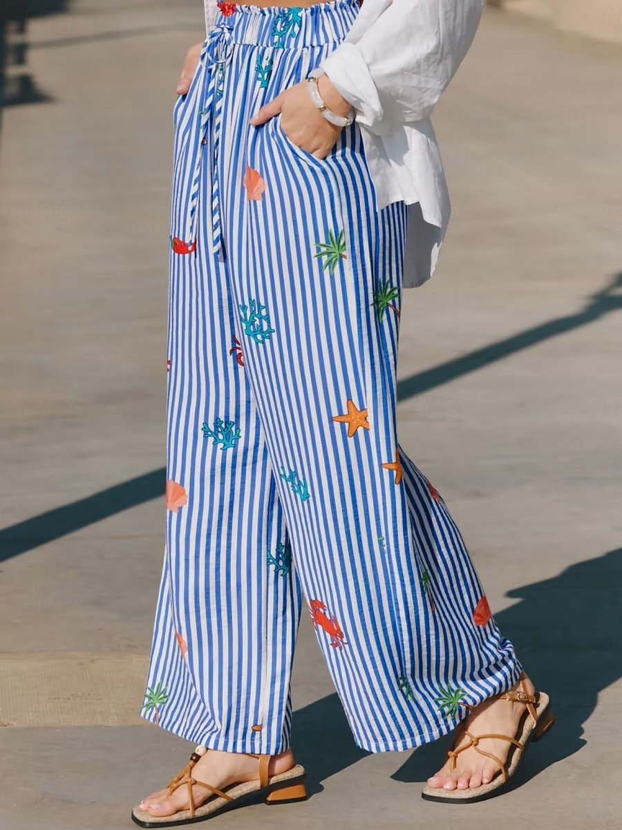 Per donna Gamba larga Chinos Vacanza Moda Streetwear Lunghezza intera Vita Alta A righe Tasca Fascia Elastica Stampato Comodo Comodità Morbido Elasticizzato All'aperto Vacanza Streetwear Blu Estate del 2026 a $27.99 –P4