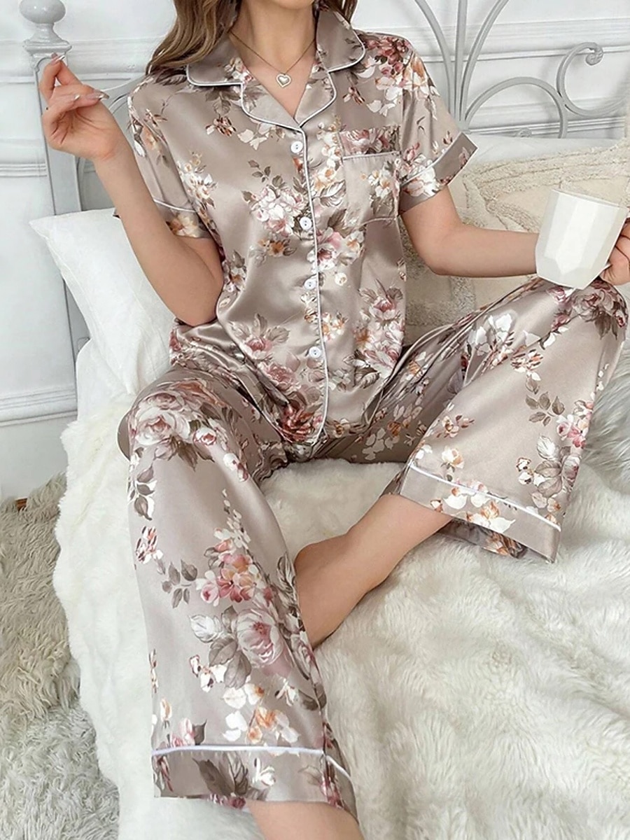 Simple Pyjamas Women's Satin Sleepwear Satin Nightgown Loungewear Pajama Set Fashion ...