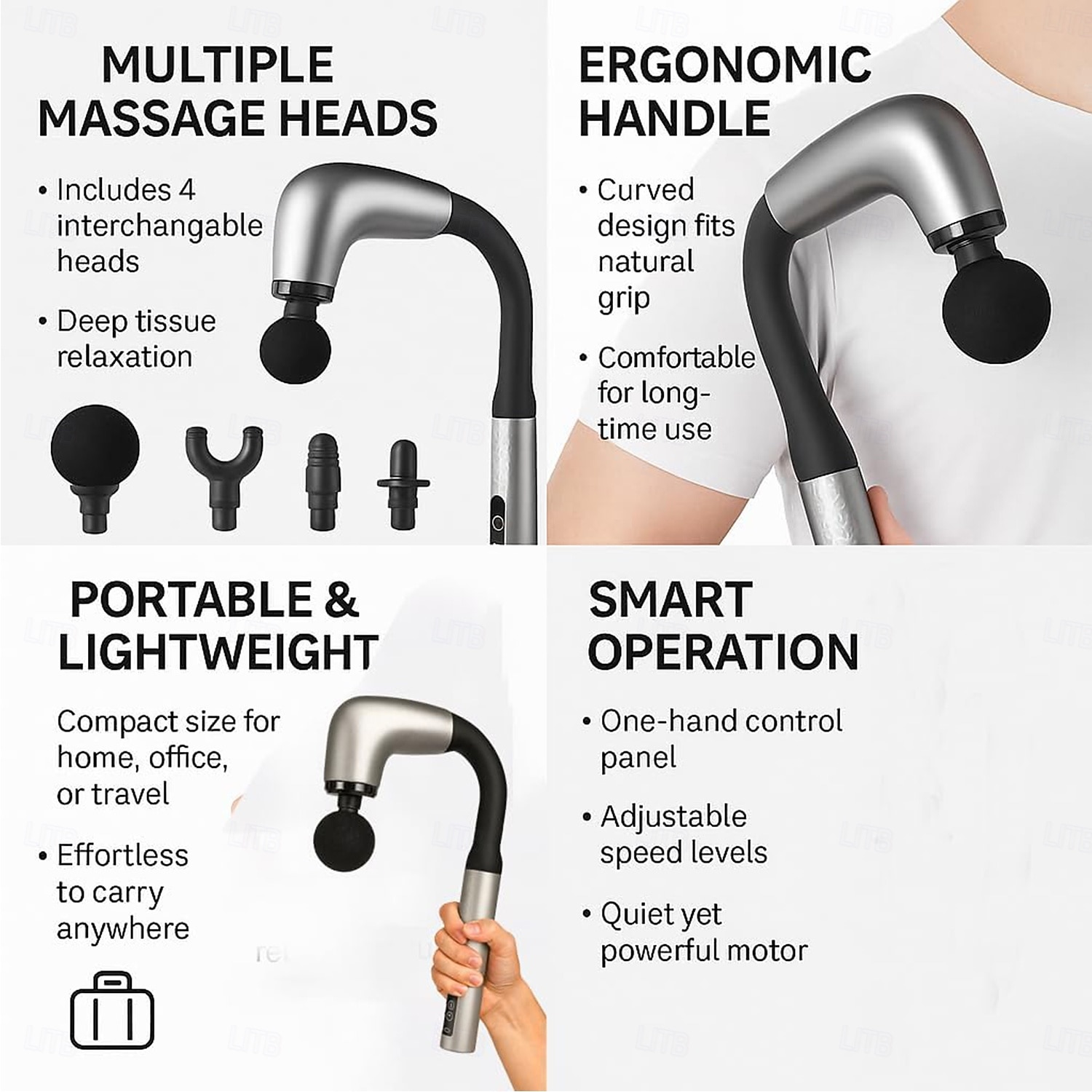 Deep Tissue Massage Gun for Back & Full Body -   Upgraded Long Handle Percussion Muscle Massager with 4 Replaceable Heads, Adjustable Speeds and Quiet Motor 2026 - $37.99 –P3