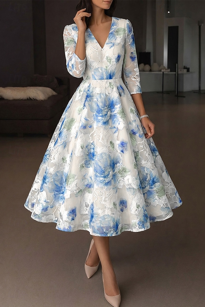 A-Line Ankle Length Tea Length Formal Dresses Cocktail Dresses Elegant 3/4 Length Sleeve V Neck Wedding Formal Organza Jacquard with Floral Print 2026 - $182.99 –P1