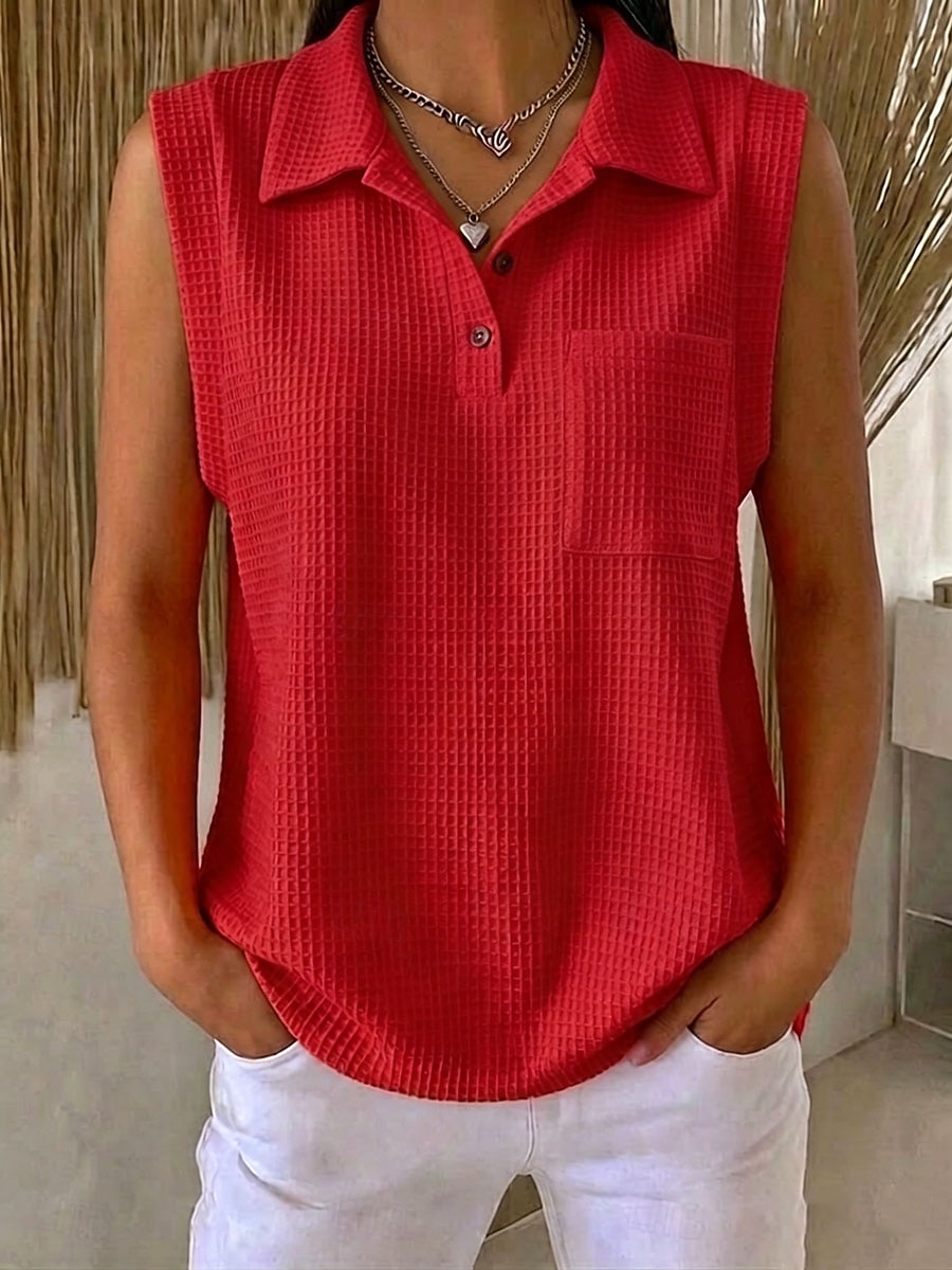 Damen Waffel-Tanktop Poloshirts T-Shirt Tasche Stilvoll Klassisch Ärmellos Hemdkragen Normale Oberteile Lässig Strand Wochenende Blau Schwarz Rosa Rote Sommer Frühling 2026 - $27.99 –P8
