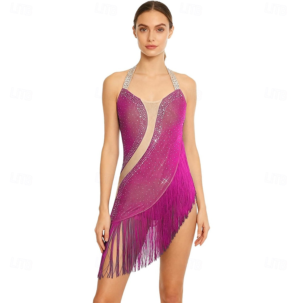 Women's Magenta Latin Dance Dress - Halter Neck Sparkly Rhinestone Fringe Dress for Ballroom, Salsa & Performance 2026 - $305.39 –P1