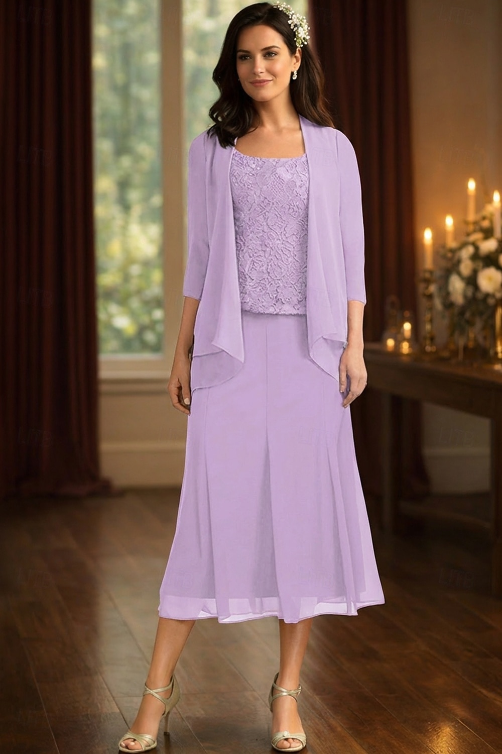 Ensembles de robes longueur thé robe de invitée de mariage robe de mère de la mariée à manches 3/4 décolleté carré élégante simple pour invité de mariage avec couleur unie de 2026 ? $183.99 –P14