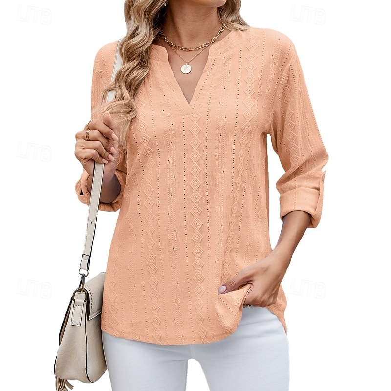 Women's Texture Blouse Eyelet Top Pointelle Tee T Shirt Eyelet Striped Fashion Classic Casual Long Sleeve V Neck Regular Tops Casual Daily Beach Black White Navy Blue Sky Blue Orange Summer Spring 2026 - $28.99 –P1