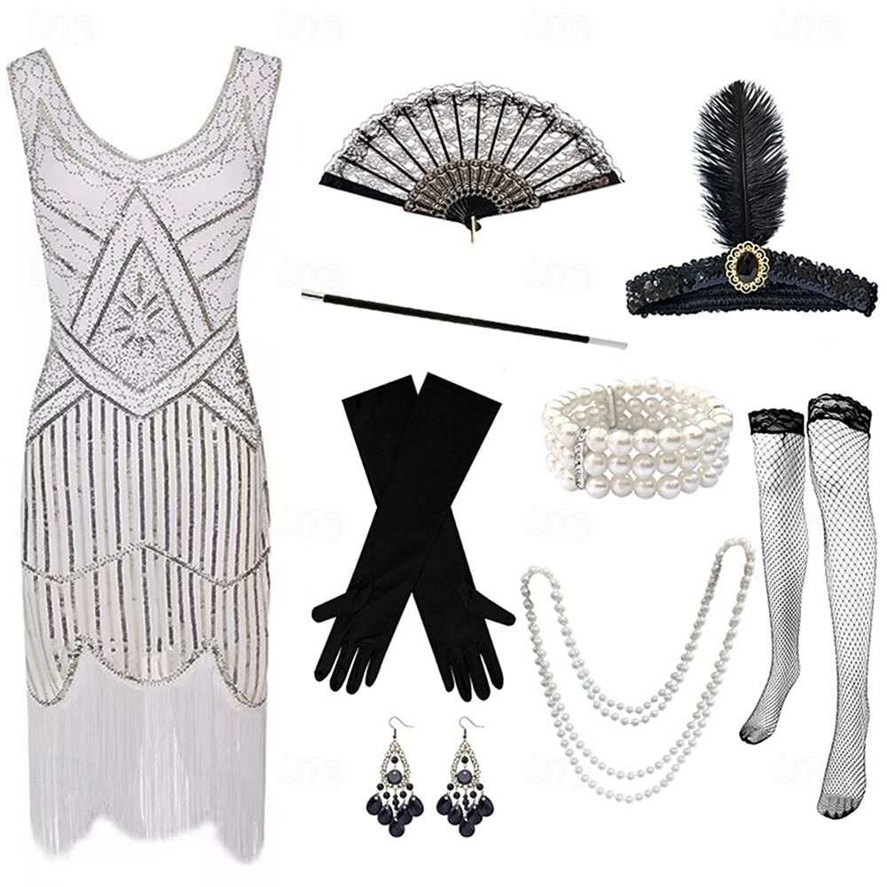 Zabytkowe Ryczące 20s 1920 roku Do kolan Sukienka w stylu lat 20-tych Rękawiczki Nakrycie głowy Bez rękawów Wielki Gatsby Czarleston Cekiny Frędzel Strój na bal maskowy Damskie Halloween Karnawał 2026 - $64.99 –P4