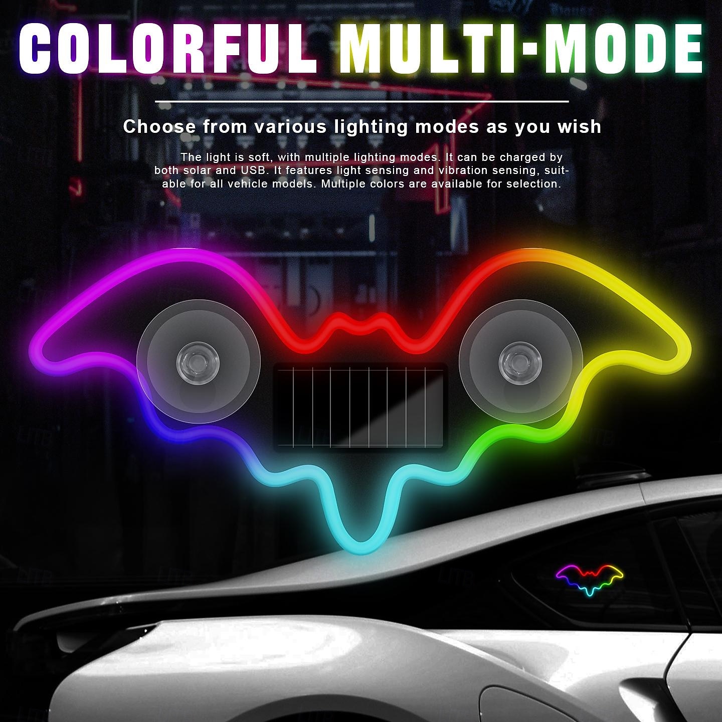 Car Solar Vacuum Suction Cup Neon Bat-Shaped Decorative Running Lights, Wire-Free, Type-C Rechargeable, 8 Modes, Ambient LED Car Interior & Exterior, Party, Halloween, Vehicle Decoration 2026 - $7.49 –P8