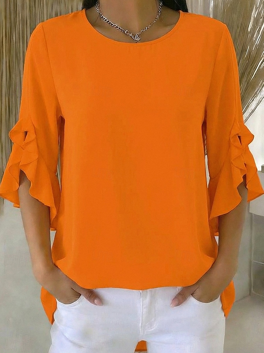 Dam Blus Chiffong toppar Volang Asymmetrisk nederkant Slät Modern Ledigt 3/4 ärm Rund hals Vanliga toppar Utomhus Streetwear Helgdag Svart Rubinrött Orange Grön Sommar Vår 2026 - $29.99 –P1