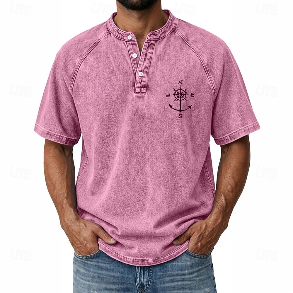 SoftFade™ Men's Demin Shirt 100% Cotton Acid Wash Shirt Henley Top Short Sleeve Vintage Distressed Casual Home Street Summer Spring Black Pink Light Green Gray Light Blue Stand Collar Henley 2026 - $31.99 –P7