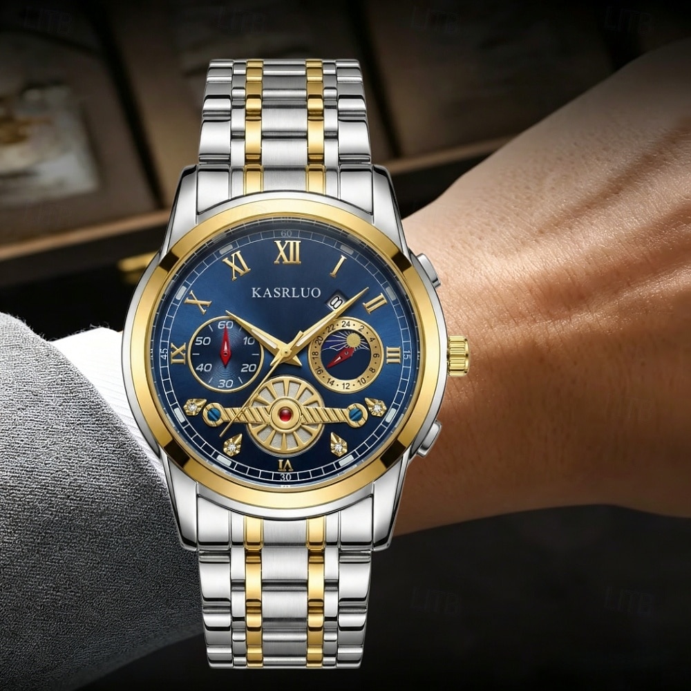 Montre homme à cadran bleu, montre-bracelet de luxe à phases de lune, montre analogique bicolore en acier inoxydable avec volant squelette &Coffret cadeau, cadeau élégant et étanche pour homme, argent de 2026 ? $25.99 –P2