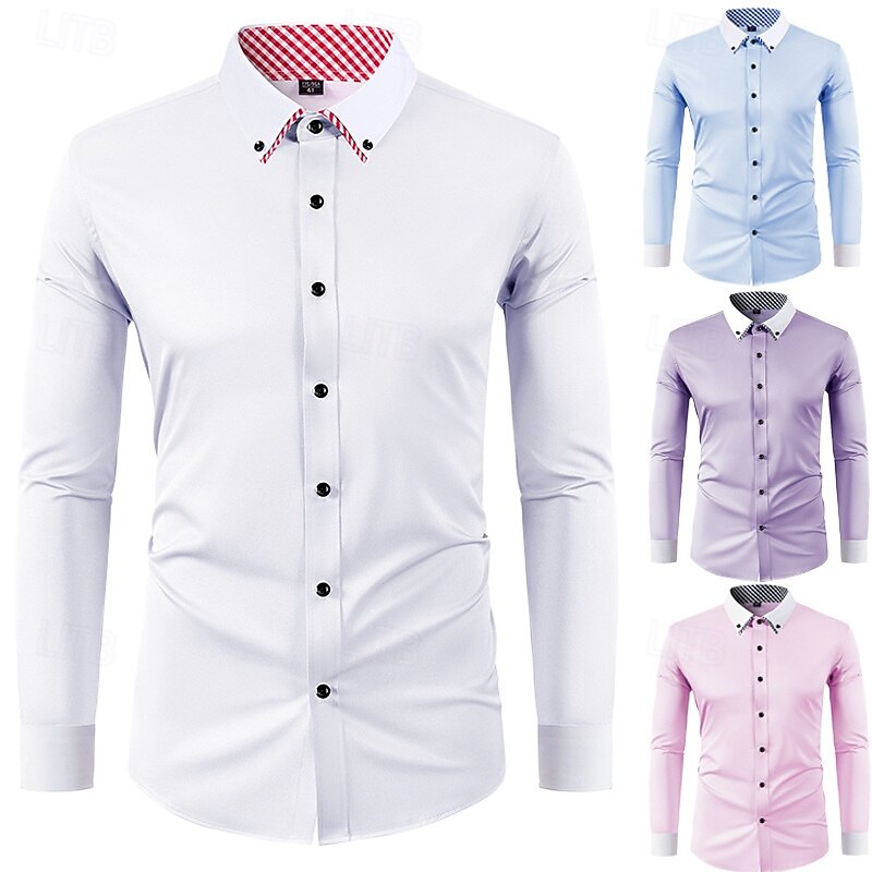 Herr Skjorta Button Down skjorta Rutig Dagligen Företag Blå Ljusblå Vit Rosa Långärmad Nedvikt Alla årstider Kläder Lappverk 2026 - $28.99 –P7