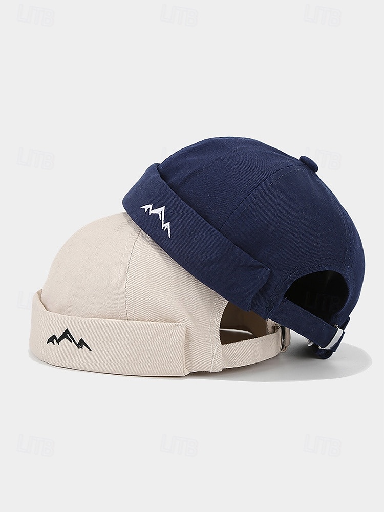 2026年 メンズポリエステル製ドッカーハット。つばのない調節可能なキャップで、山のモチーフが刺繍されています。複数のカラー展開で、旅行、アウトドアスポーツ、普段着、バケーションスタイルに最適です。  コレクション – $14.99 –P7