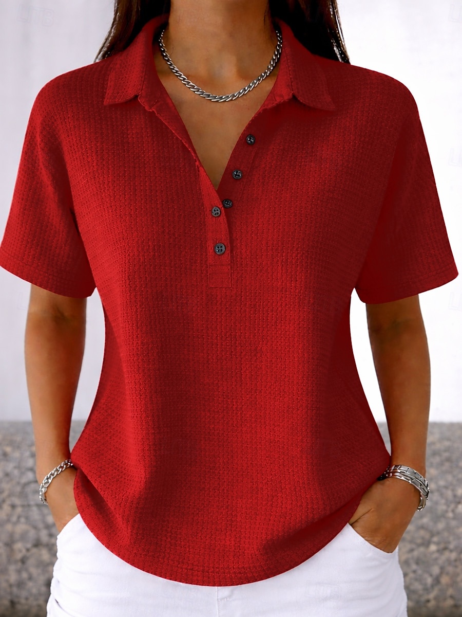 Vrouwen Wafel Tuniek Knopen Effen Kleur Eenvoudig Vintage Stijlvol Klassiek Korte Mouwen Omgeslagen Reguliere Tops Dagelijks Wit Roze Lichtblauw Zomer Lente 2026 - $27.99 –P10
