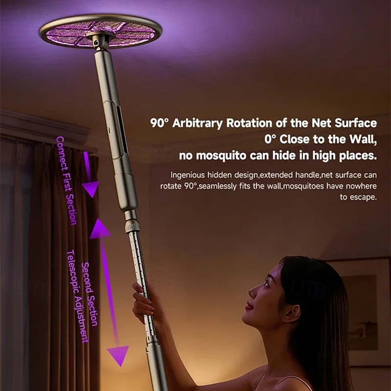 2-in-1 Electric Fly Swatter & Bug Zapper Racket, Automatic Mosquito Killer with Laser Hunting & UV Light, Extendable Handle, 90° Foldable Head for Wall-Attaching, USB Rechargeable for Home Indoor 2026 - $76.99 –P10