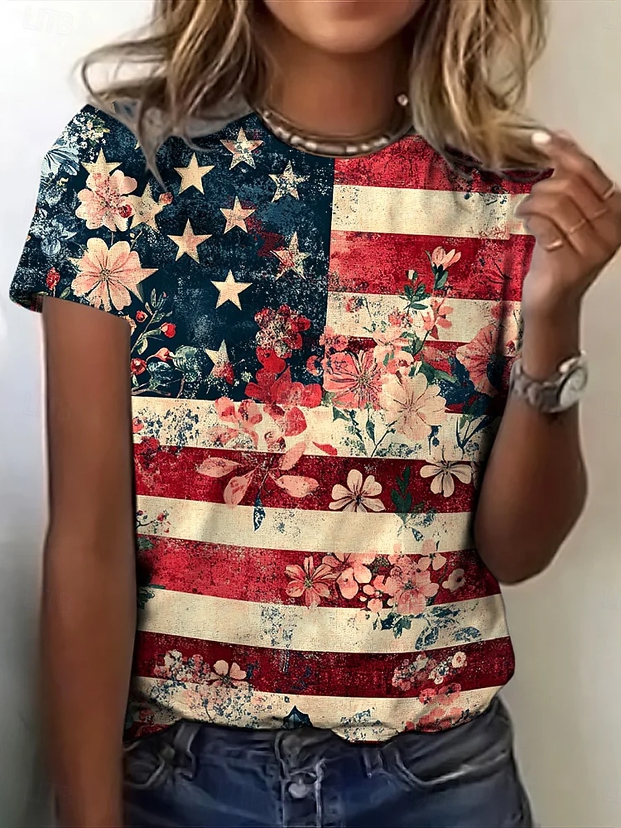 Ziua Independenței Americane Pentru femei Tricou Imprimeu Floral Grafic Steag Stilat Clasic Casual Manșon scurt Stil Nautic Rotund Topuri obișnuite Casual Zilnic Albastru piscină Roșu-aprins Var 2026 - $22.99 –P1