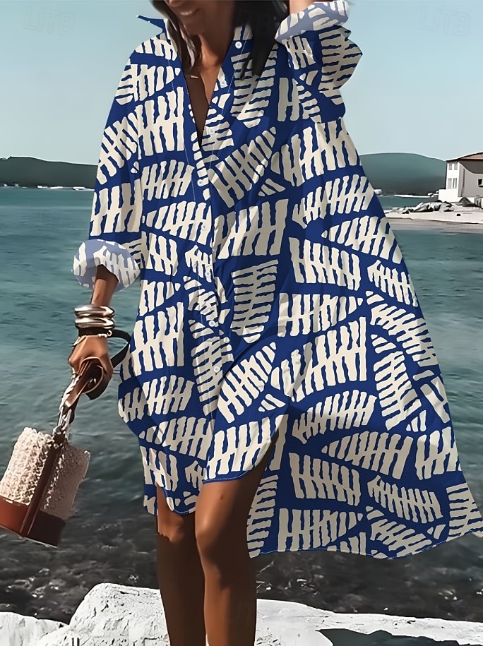 Damen Knielanges Kleid Hemdblusenkleid Freizeitkleid Sommerkleid Elegant Bohemien Urlaub Strand Lässiger Schnitt Blumen Langarm V Ausschnitt Hemdkragen Blau Gelb Hellgrün Grün Sommer Frühling 2026 - $45.99 –P4