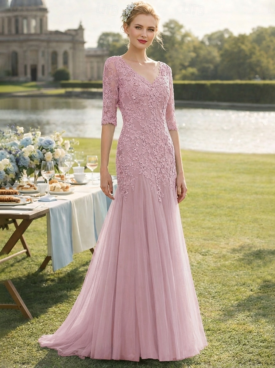 A-Linie Bodenlange Schleppe Kleid für Hochzeitsgäste Abendkleid Brautmutterkleid Halbarm V Ausschnitt Elegant Hochzeitsfeier Spitze Tüll nein mit Rüschen Applikationen 2026 - $206.99 –P10