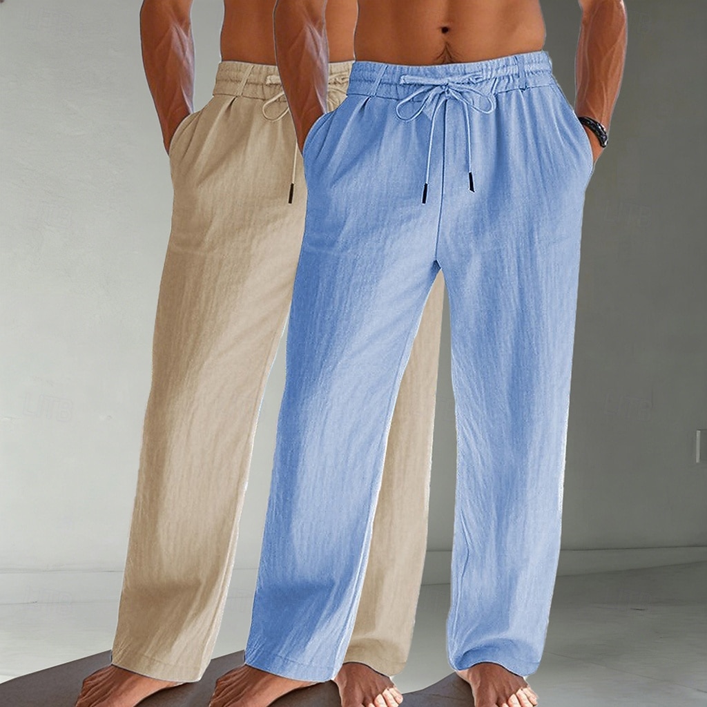 Homens Calças de linho Calças Calça verão Calças largas Calças de praia Com Cordão Bolsos Cintura elástica Tecido Conforto Respirável Comprimento total Diário Praia Férias Férias Havaiana Branco de 2026 por $39.99 –P2