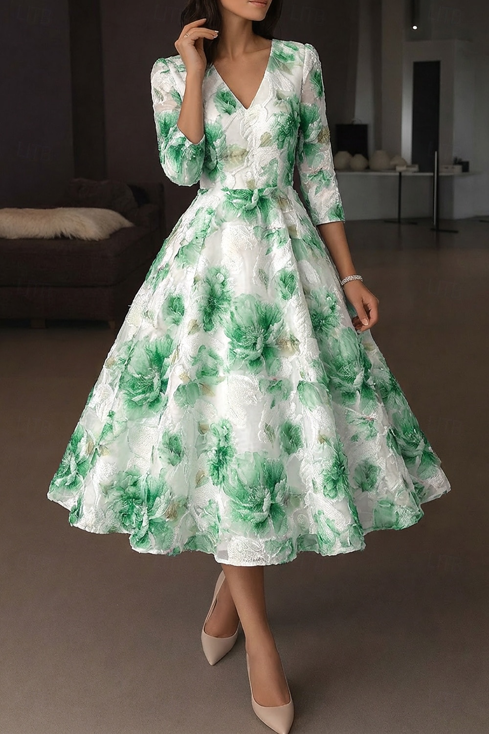 A-Line Ankle Length Tea Length Formal Dresses Cocktail Dresses Elegant 3/4 Length Sleeve V Neck Wedding Formal Organza Jacquard with Floral Print 2026 - $182.99 –P6