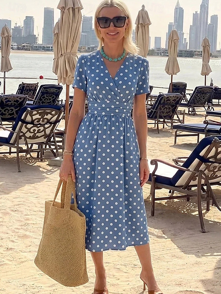 Per donna Abito Midi Vestito Estivo Abito Estivo Vacanza Casual Boho Quotidiano Abito Estivo Abito Primaverile Vestibilità regolare Grafico A Pois Manica Corta Scollo a V Blu Estate Primavera del 2026 a $34.99 –P1