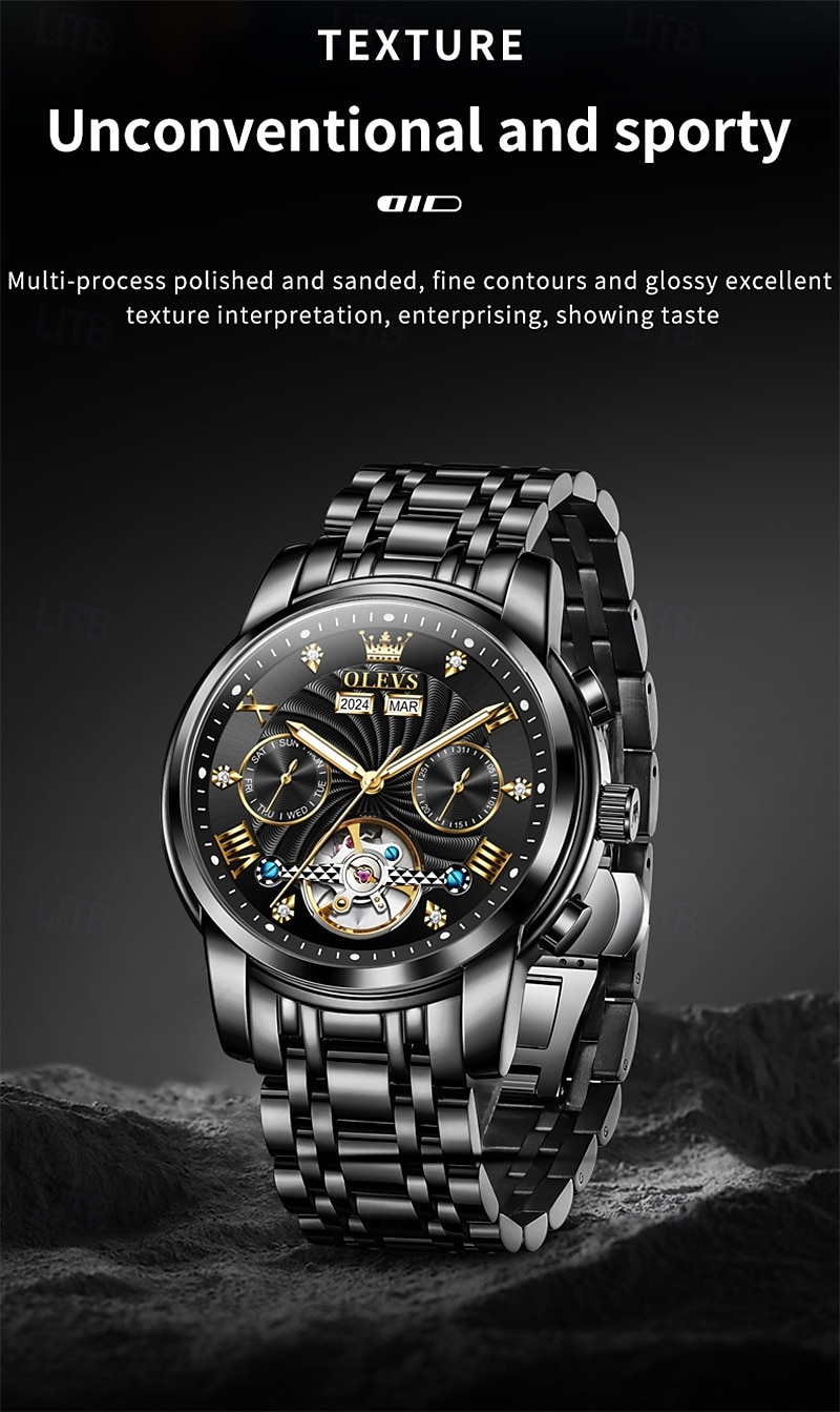 Orologio automatico da uomo Olevs Skeleton, lussuoso orologio da polso da lavoro bicolore in acciaio inossidabile con calendario multifunzione, orologio meccanico analogico luminescente impermeabile, del 2026 a $109.99 –P5
