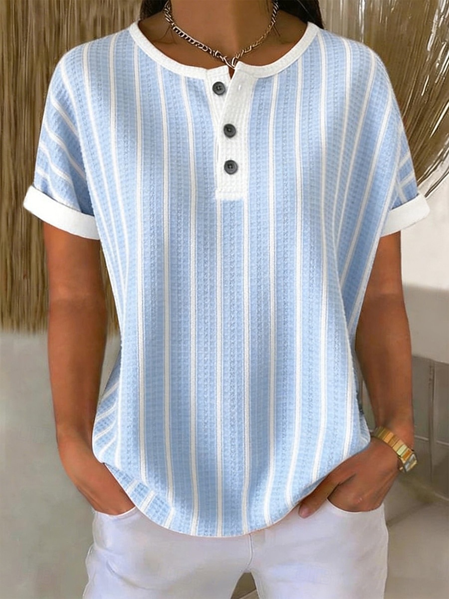 Dame Waffle Teksturert Strikket Tops T Skjorte Fargeblokk Grafisk Geometri Stilig Klassisk Kortermet Crew Hals Rund Hals Henley Lange Tops Daglig Sport Blå Hvit Sommer Vår 2026 - $21.99 –P2