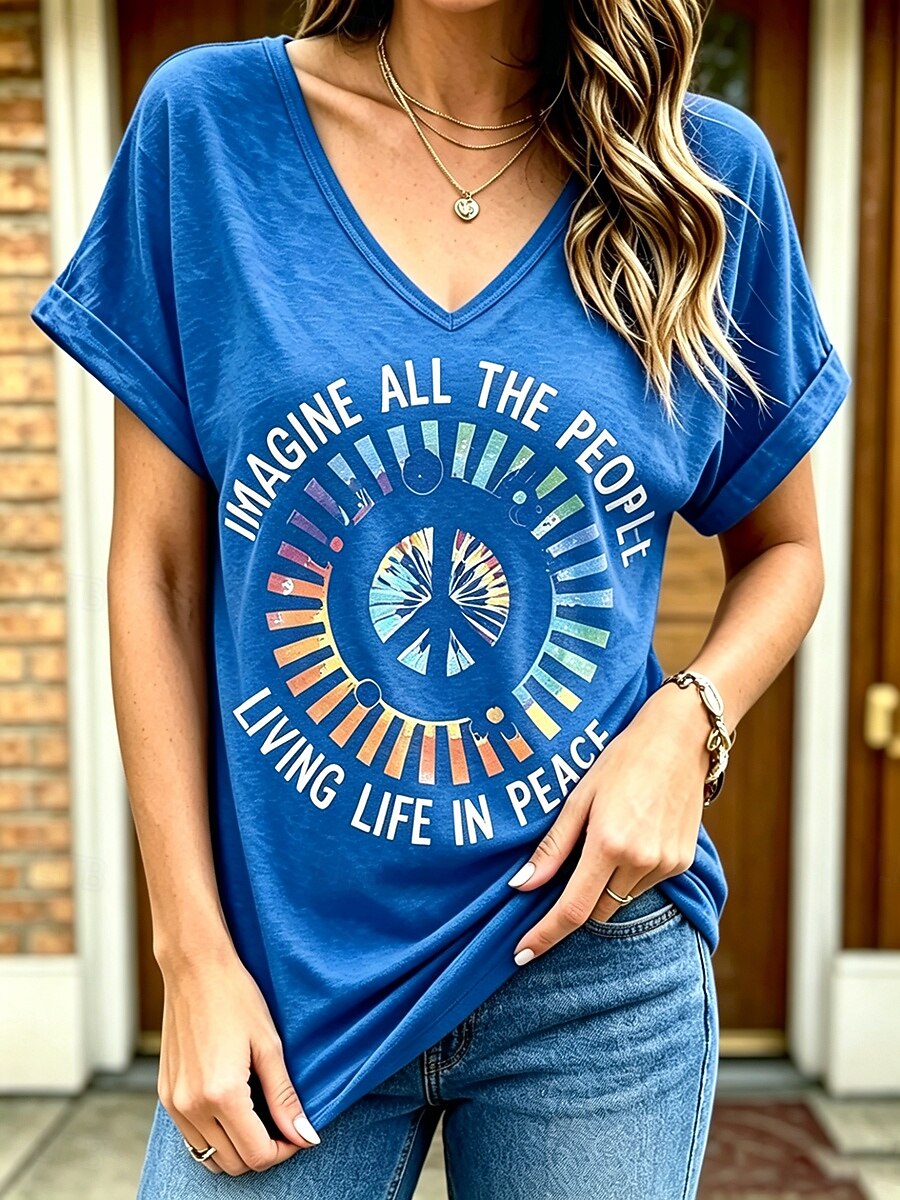 Women's T Shirt Print Graphic Letter Vintage Stylish Casual Short Sleeve V Neck Regular Tops Casual Daily Weekend Blue Black Red Purple Summer Spring 2026 - $21.99 –P4
