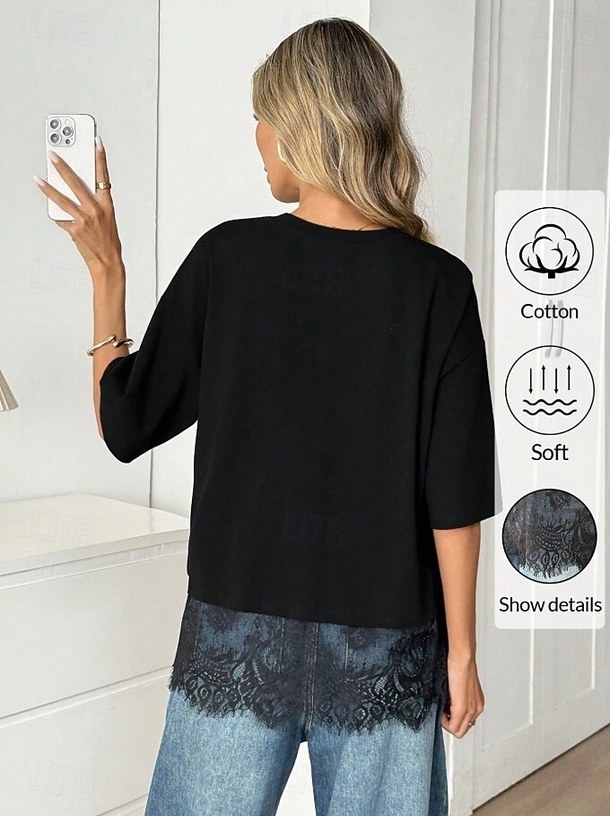 Dame 100% قطن Kontrast blonder Stilfull Klassisk Kortermet Crew-hals Vanlige topper Avslappet Svart Hvit Sommer Vår 2026 - $24.99 –P4