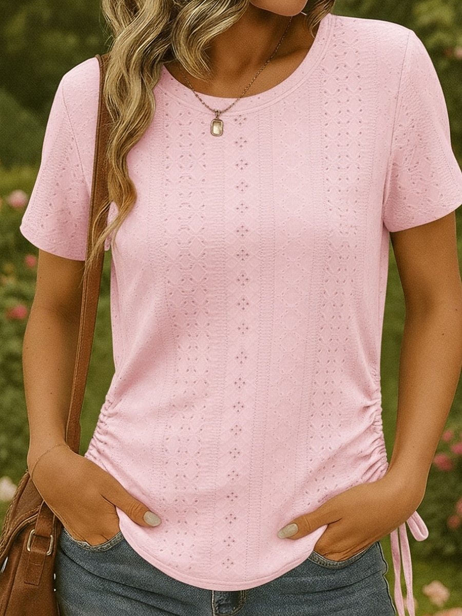 Damen Textur Bluse Oberteil mit Ösen Pointelle Tee Bluse Kordelzug Ausgehöhlt Einfach Aktiv Vintage Stilvoll Ärmellos Kurzarm Rundhalsausschnitt Normale Oberteile Lässig Täglich Streetwear Weiß Rosa 2026 - $25.99 –P3
