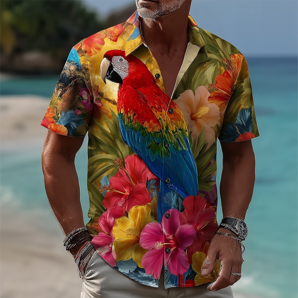 Homens Pássaro Flores tropicais Papagaio Camisa Social Camisas havaianas Camisas tropicais Manga Curta Havaiana Praia Férias Verão Primavera Aberto para a Lateral Impressão 3D Camisas de botões Azul de 2026 por $25.99 –P3