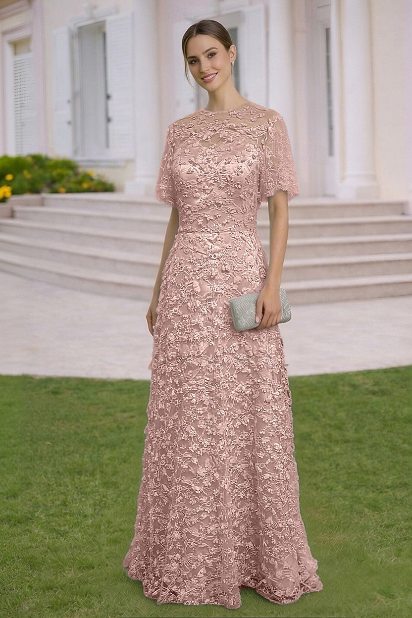 A-Line Dress Floor Length Wedding Guest Dress Formal Dresses Evening Gown Mother of the Bride Dress Short Sleeve Crew Neck Elegant Simple Embellished Formal Lace with 3D Flowers 2026 - $194.99 –P6