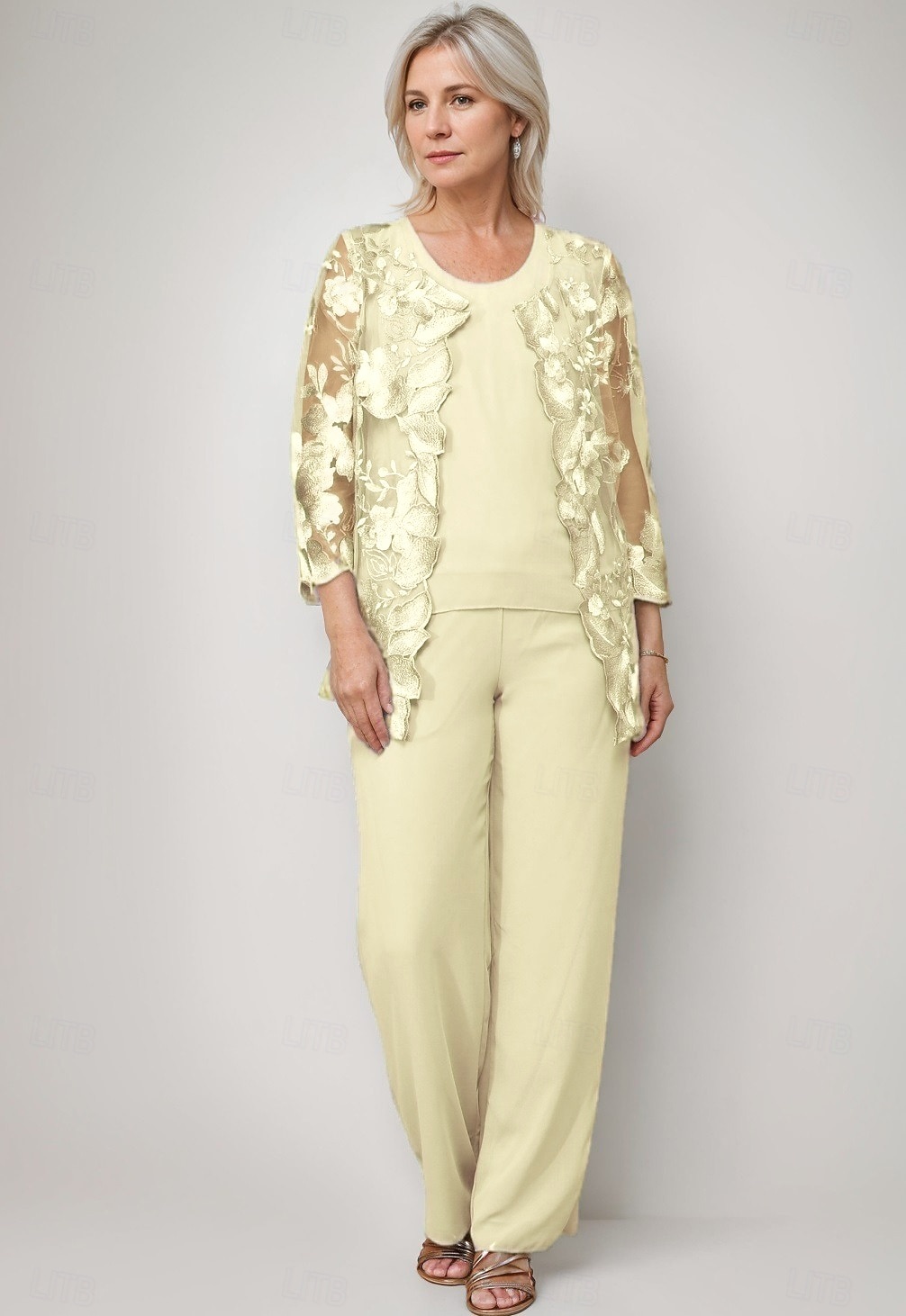 Jumpsuit Pantsuit 3 Piece Floor Length Mother of the Bride Dress Long Sleeve Crew Neck Elegant Formal Wedding Guest Chiffon Wrap Included with Lace Embroidery 2026 - $195.99 –P5