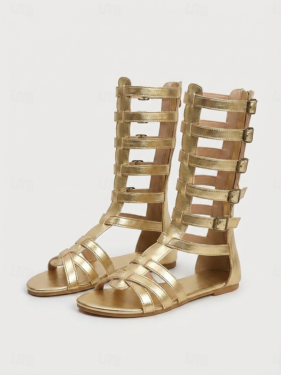 Sandale gladiator pentru femei până la genunchi – sandale romane plate cu barete și cataramă multiplă, pantofi de vară boho pentru vacanțe în aer liber, călătorii și stațiuni pe plajă 2026 - $32.99 –P4