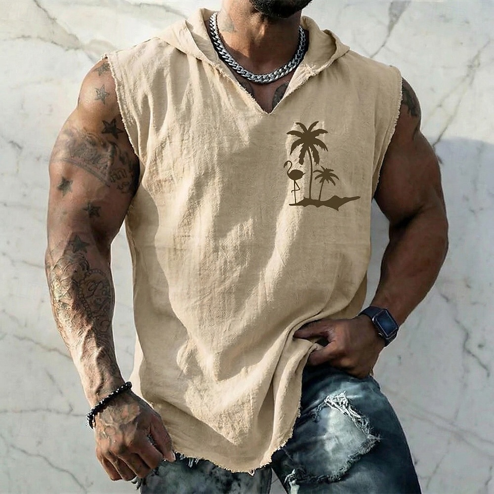 Men's Flamingo Palm Tree Tropical Boho Vintage Sleeveless Hooded Vest Graphic Cotton Linen Frayed Raw Hem Loose Fit Beach Vacation Designer Clothing Apparel S M L XL XXL XXXL 2026 - $19.99 –P1