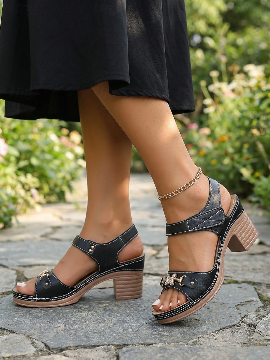 Schwarze Damen-Sandalen mit Strasssteinen und Blockabsatz, verstellbarer Knöchelriemen, modische Freizeitschuhe für Urlaub und Shopping &Gartenausflüge 2026 - $29.99 –P1