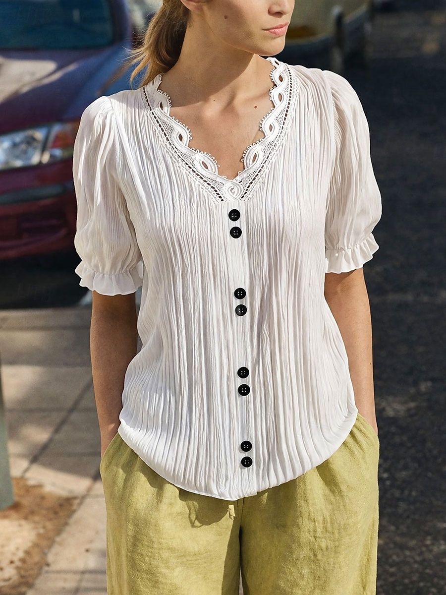 Per donna Maglietta Pizzo Patchwork Semplice Elegante Moda Classico Manica Corta Scollo a V Top lunghi Casuale Quotidiano Uscire Bianco Estate Primavera del 2026 a $23.99 –P3
