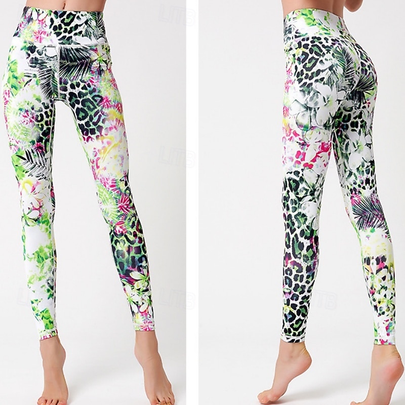 Dames Pilatesbroek Yogabroek Billenlift met ruche Hoge taille Sportschooltraining Hardlopen Fitness Legging Kleding Onderlichaam Flora Amethist Wit Blauw Sport Sportkleding Hoge Elasticiteit 2026 - $23.99 –P17