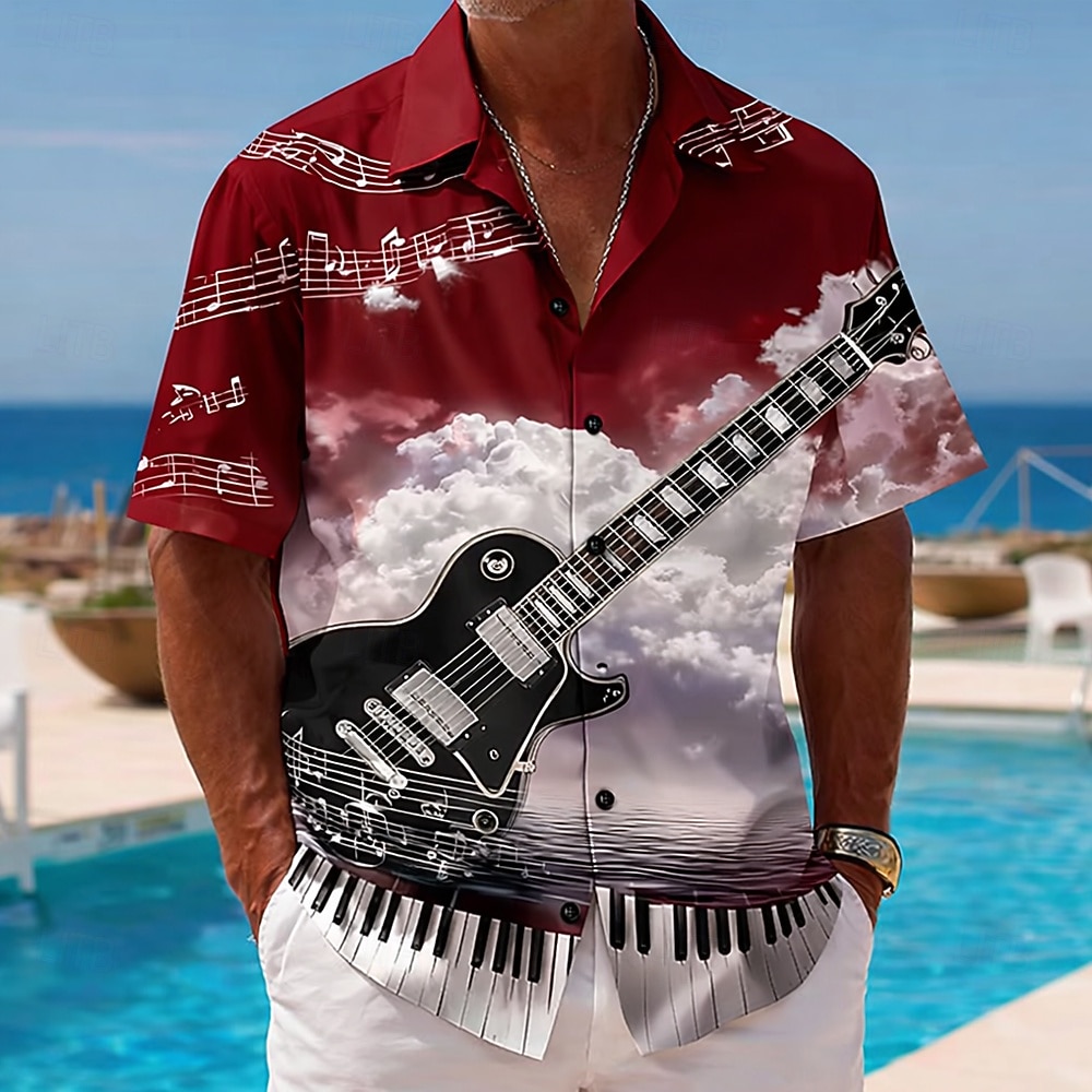 Per uomo Chitarra Strumento musicale Camicia Camicia con Bottoni Camicia con collo camp Manica Corta Vintage Retrò Festival Musicale Ferie Estate Primavera Colletto cubano Stampa 3D Nero Borgogna Blu del 2026 a $25.99 –P2