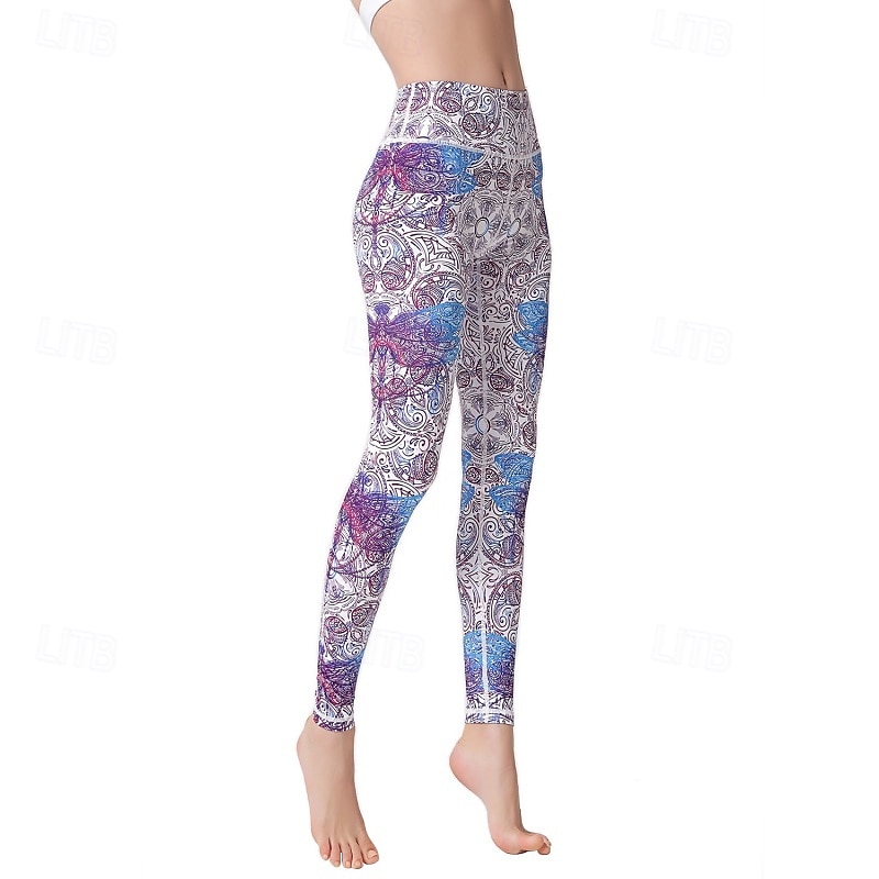Dames Pilatesbroek Yogabroek Billenlift met ruche Hoge taille Sportschooltraining Hardlopen Fitness Legging Kleding Onderlichaam Flora Amethist Wit Blauw Sport Sportkleding Hoge Elasticiteit 2026 - $23.99 –P12