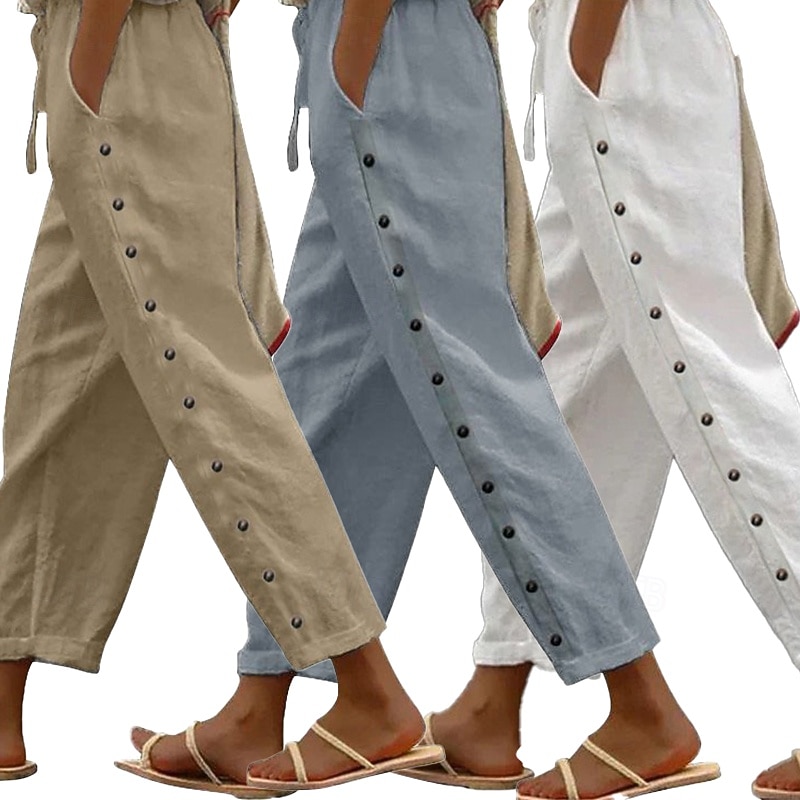 3er-Pack Damenhosen, Sommerhosen, Freizeithosen, Urlaubshosen, Basic-Hosen, knöchellang, natürliches, schlichtes Design, Seitentaschen, seitliche Knöpfe, bequem, atmungsaktiv, nicht elastisch, ideal für Wochenendausflüge 2026 - $65.99 –P10