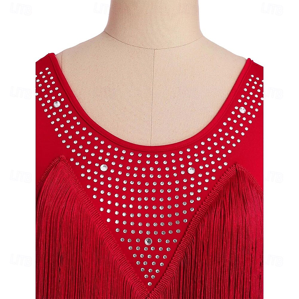 Women's Black Latin Ballroom Dance Wear - Rhinestone Sheer Mesh Sleeveless Bodysuit with Rhythmic Tassel Hem for Performance 2026 - $277.09 –P6