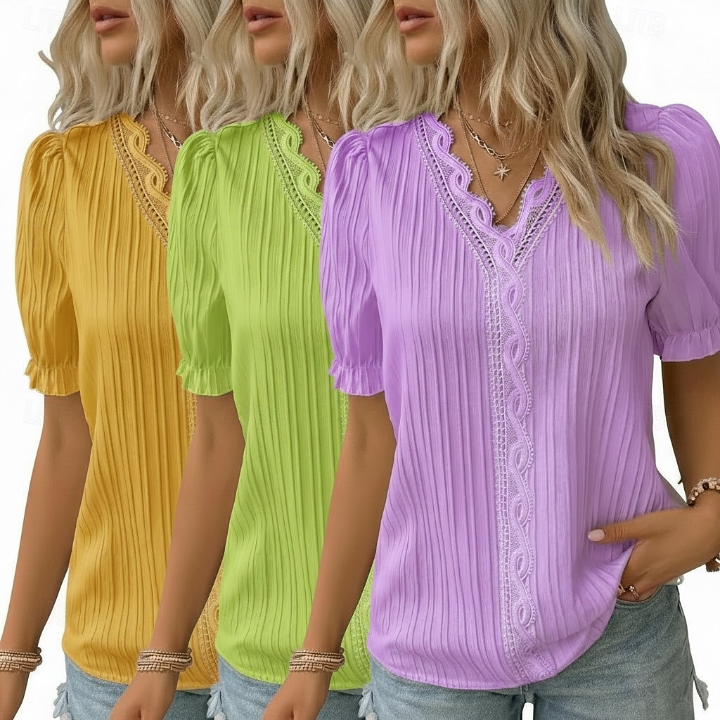 pachete multiple 3 buc bluză texturată pentru femei tricou top dantelă patchwork simplu modă elegant clasic mânecă scurtă decolteu în V topuri obișnuite casual zilnic plajă alb+fucsia+galben 2026 - $38.99 –P4